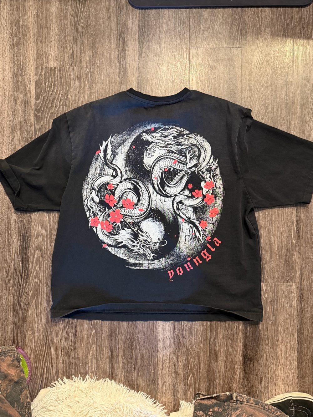 YoungLA Black Tee with White Dragon and Red Floral Accents